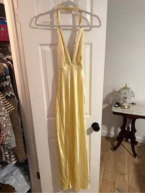Pale Yellow Halter Satin Maxi Dress